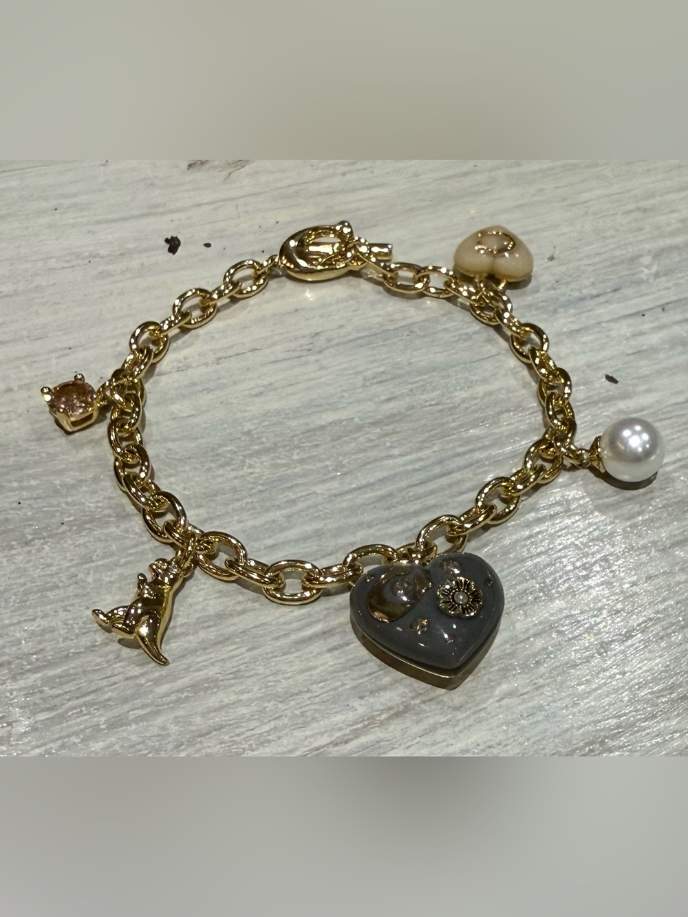 Rare Rexy Coach Gold Charm Bracelet with Gray Heart and Cream & Pearl Accents